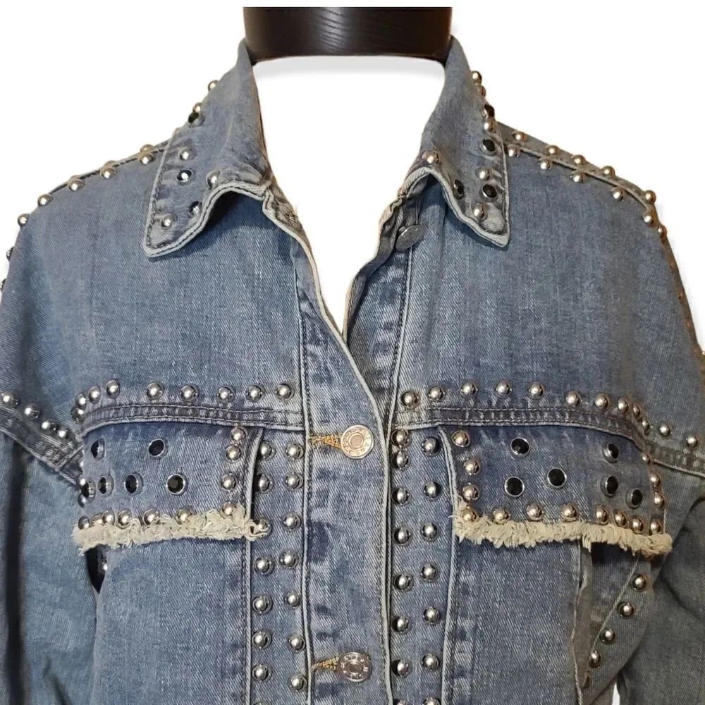 Studded Distresses Cropped Jean Jacket by Pink Lily Small - Picture 2 of 8